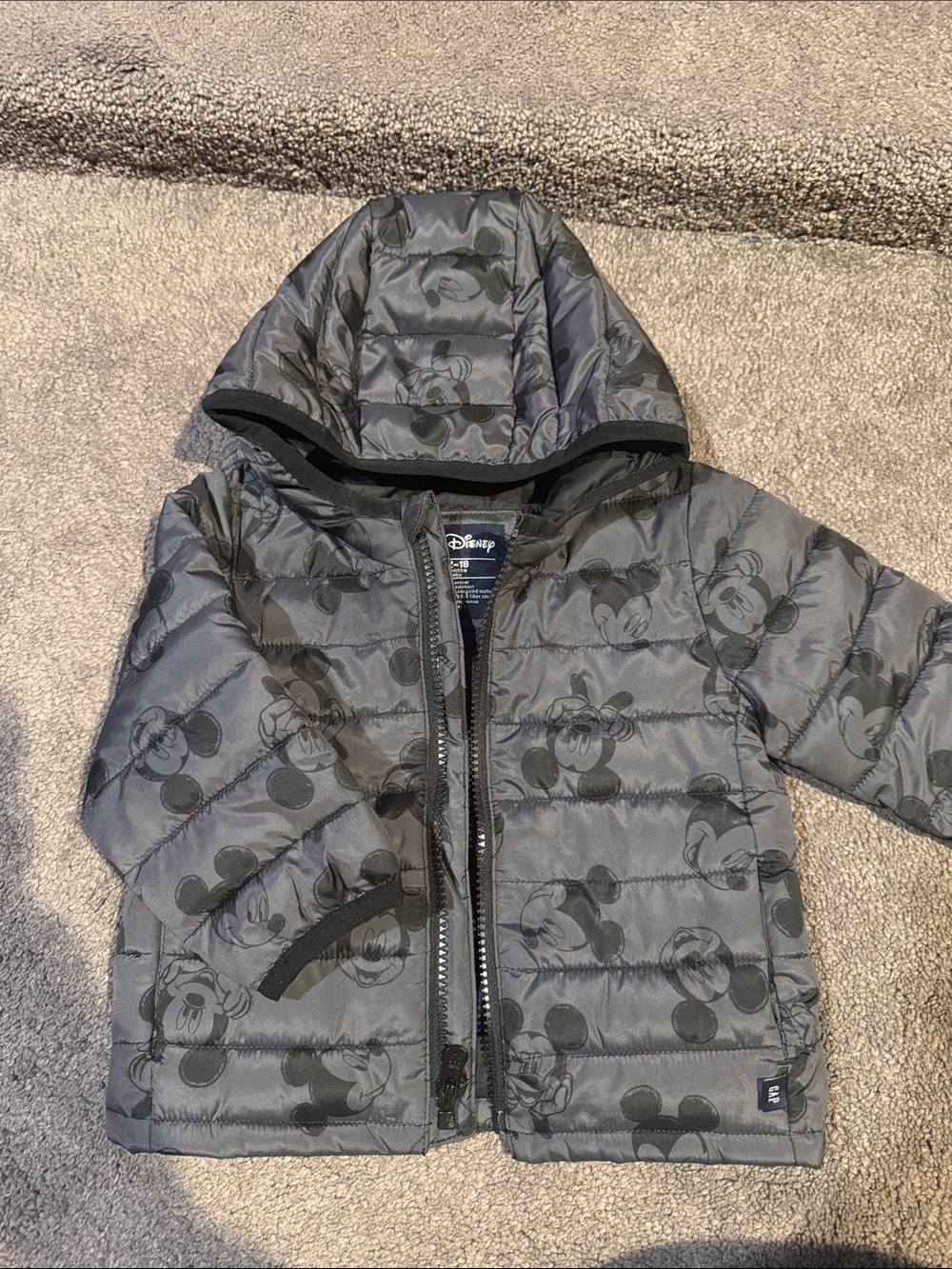 GAP x Disney Gray Mickey Mouse Quilted Hooded lightweight Puffer Jacket